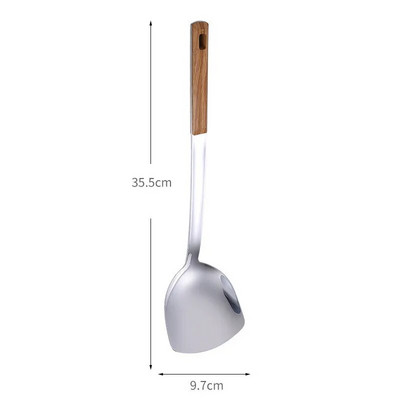 Akasztható fa fogantyú, rozsdamentes acél konyhai edények spatula leveskanál szűrőszűrő Háztartási edények Konyhai kiegészítők
