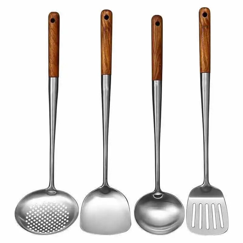 Hosszú nyelű, rozsdamentes acél wok spatula konyhai hornyolt esztergályos rizskanál kanál főzőeszközök edénykészlet Dropshipping edény