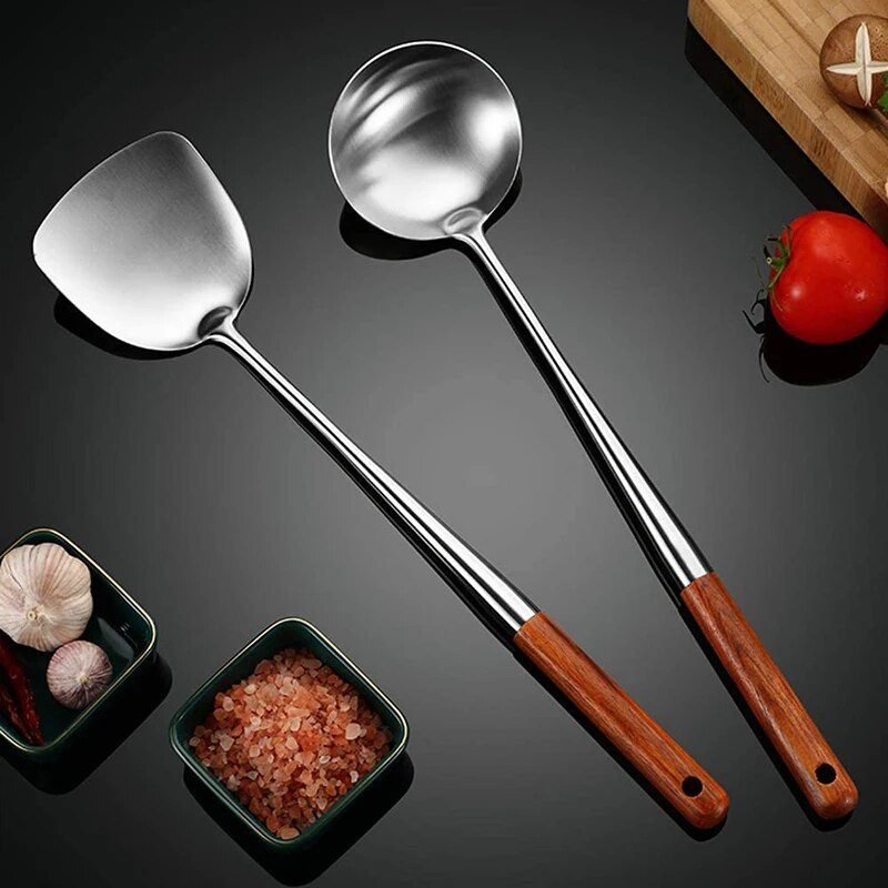 Hosszú nyelű, rozsdamentes acél wok spatula konyhai hornyolt esztergályos rizskanál kanál főzőeszközök edénykészlet Dropshipping edény