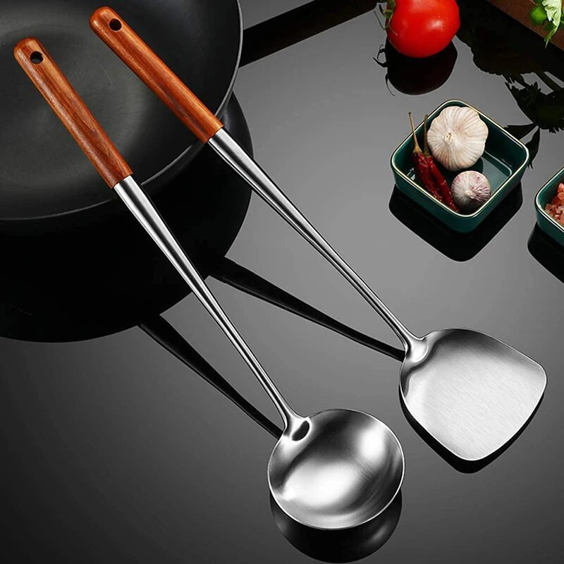 Hosszú nyelű, rozsdamentes acél wok spatula konyhai hornyolt esztergályos rizskanál kanál főzőeszközök edénykészlet Dropshipping edény