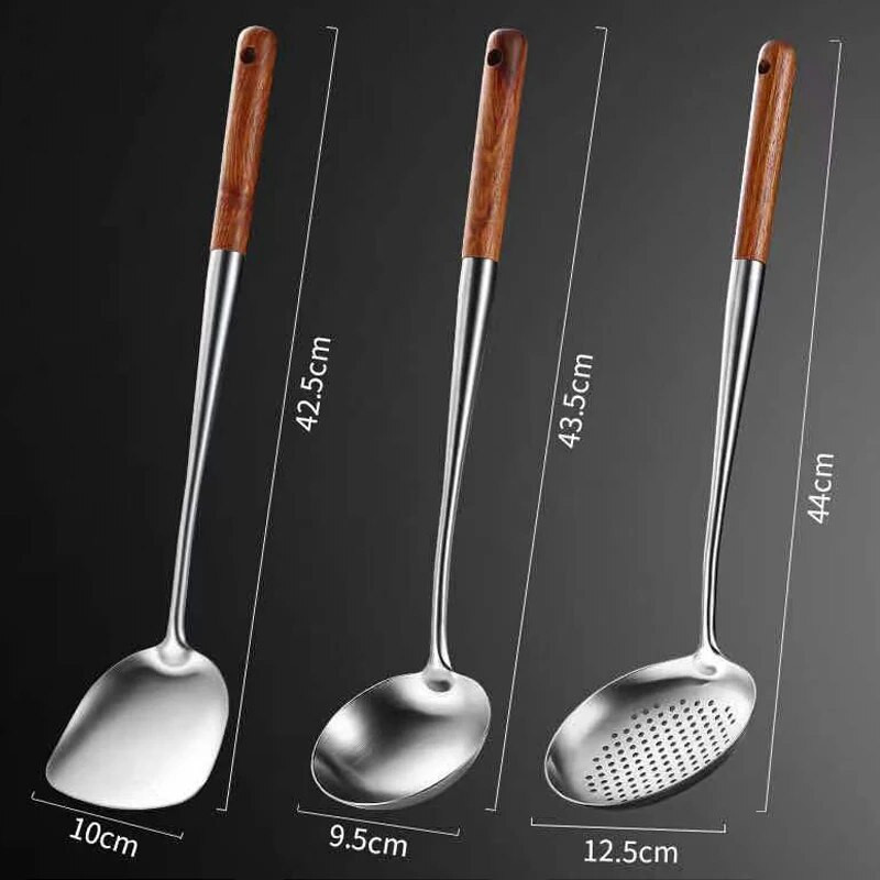 Hosszú nyelű, rozsdamentes acél wok spatula konyhai hornyolt esztergályos rizskanál kanál főzőeszközök edénykészlet Dropshipping edény