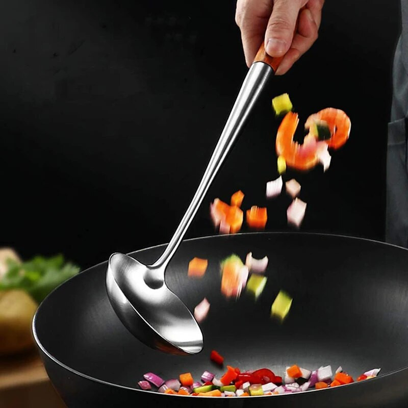 Hosszú nyelű, rozsdamentes acél wok spatula konyhai hornyolt esztergályos rizskanál kanál főzőeszközök edénykészlet Dropshipping edény