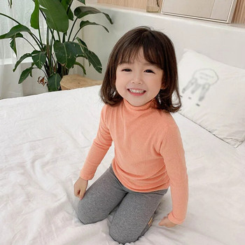 Детско облекло Есенна тениска за малки момичета Детски дрехи Едноцветни горнища с половин висока яка Бебешки дрехи с дълъг ръкав Памучна тениска