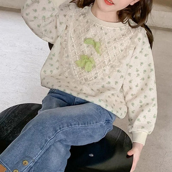 Пролет Есен Y2K Корейски Bowknot Kawaii Тениски за момичета с дълъг ръкав Модни дантелени детски горнища Сладък пуловер Сладки детски дрехи