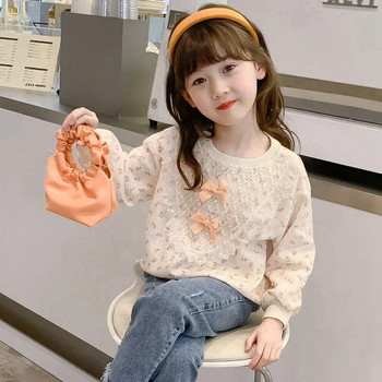 Пролет Есен Y2K Корейски Bowknot Kawaii Тениски за момичета с дълъг ръкав Модни дантелени детски горнища Сладък пуловер Сладки детски дрехи