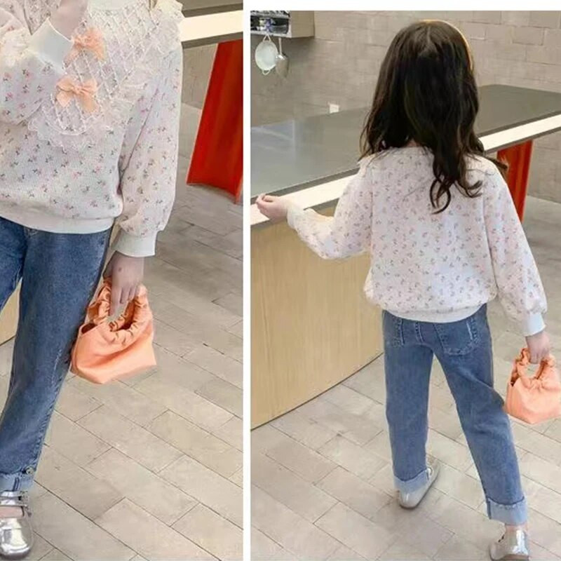 Primăvară Toamnă Y2K Coreeană Bowknot Kawaii Fete Tricouri mâneci lungi Moda Dantela Topuri Copii Pulover Dulci Haine drăguțe pentru copii