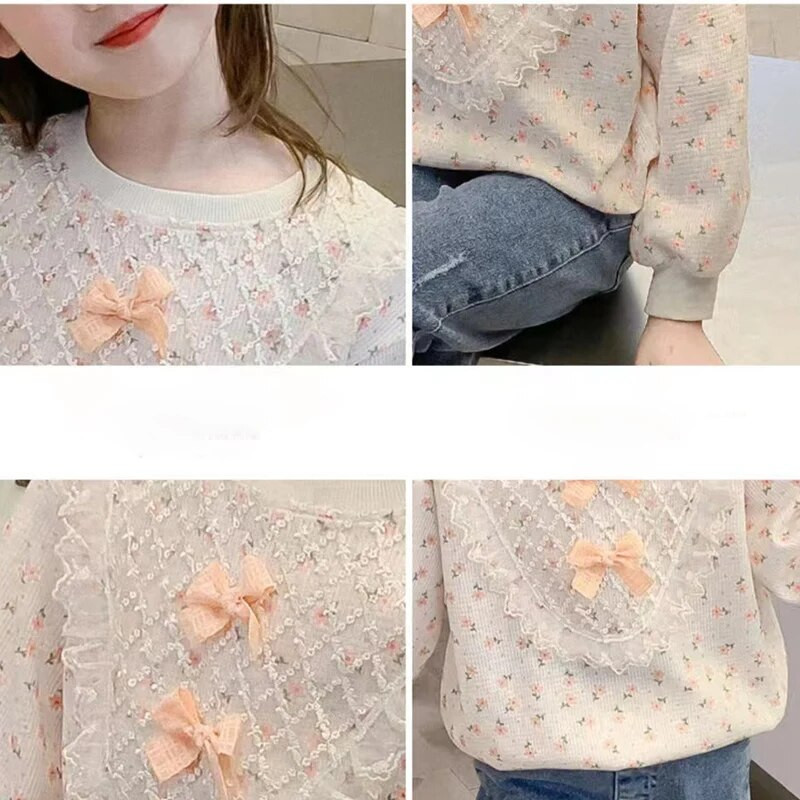 Primăvară Toamnă Y2K Coreeană Bowknot Kawaii Fete Tricouri mâneci lungi Moda Dantela Topuri Copii Pulover Dulci Haine drăguțe pentru copii