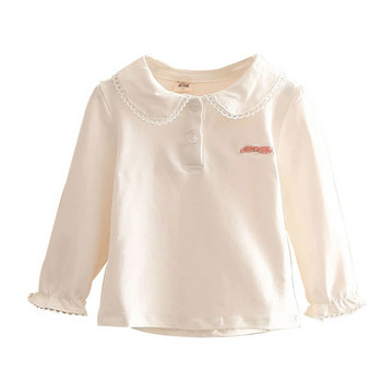 2023 Пролет Есен 2 3 4 5 6 8 10 години Бебешка детска тениска с дълъг ръкав Едноцветен чист цвят Сладък лък Детска базова памучна тениска за момичета