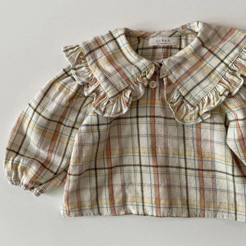 Есенна тениска за малко момиченце Пролетни дрехи за бебешки момичета Памучна карирана риза с дълъг ръкав Корейски стил Детска риза Дрехи за момичета
