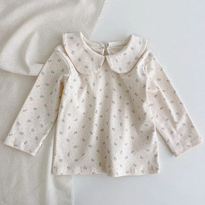 Rudeniniai mažylio marškinėliai mergaitei Pavasariniai kūdikių mergaičių rūbai medvilniniai ilgomis rankovėmis languoti marškinėliai korėjietiško stiliaus vaikiški marškiniai mergaičių drabužiai