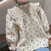 Cămașă cu flori pentru fete Îmbrăcăminte coreeană pentru copii 2023, primăvară, toamnă, pe jumătate guler înalt, plisată, cu mânecă lungă, bluze pentru copii