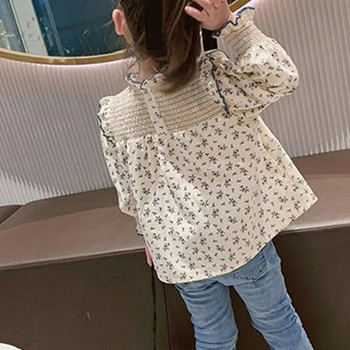 Риза на цветя за момичета Корейско детско облекло 2023 Пролет Есен Полувисока яка Плисирани блузи с дълъг ръкав Детски пуловери