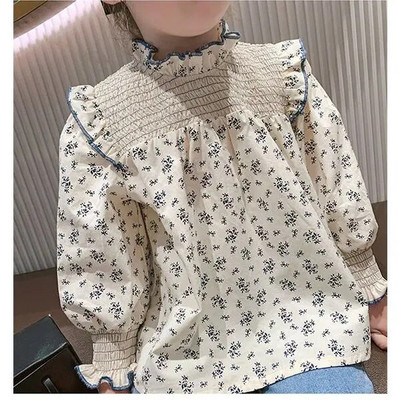 Cămașă cu flori pentru fete Îmbrăcăminte coreeană pentru copii 2023, primăvară, toamnă, pe jumătate guler înalt, plisată, cu mânecă lungă, bluze pentru copii