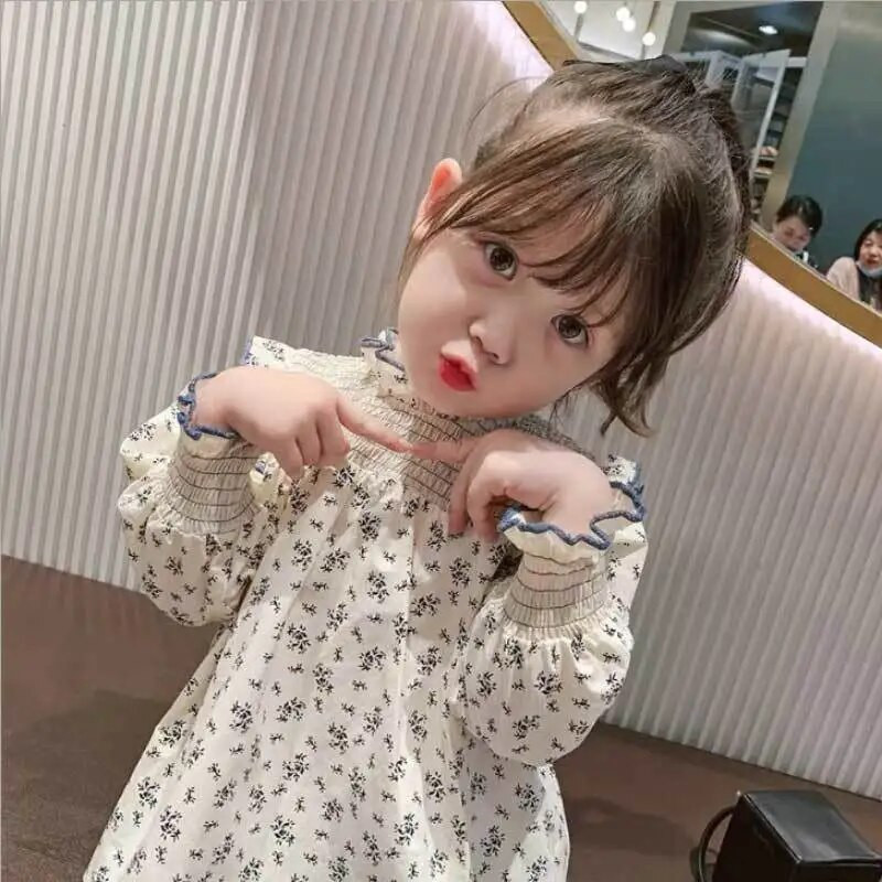 Cămașă cu flori pentru fete Îmbrăcăminte coreeană pentru copii 2023, primăvară, toamnă, pe jumătate guler înalt, plisată, cu mânecă lungă, bluze pentru copii