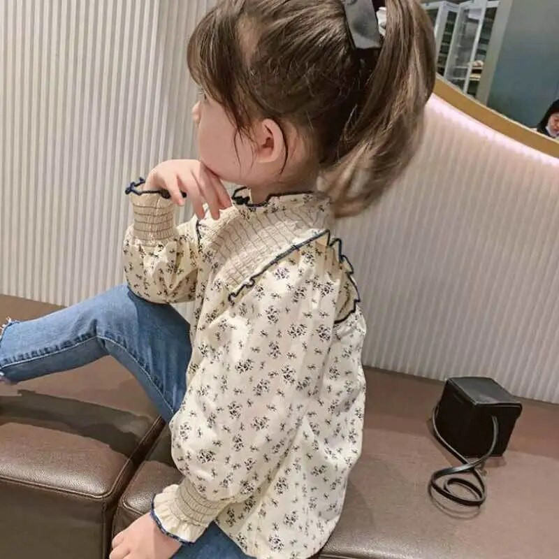 Cămașă cu flori pentru fete Îmbrăcăminte coreeană pentru copii 2023, primăvară, toamnă, pe jumătate guler înalt, plisată, cu mânecă lungă, bluze pentru copii