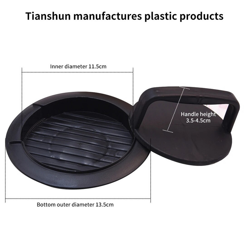 Juodo plastikinio apvalaus mėsainio preso mėsainių gaminimo mašina, formuojanti jautienos kepsninę, mėsainių presavimo paplotėlių gaminimo formavimo mašiną virtuvės įrankis