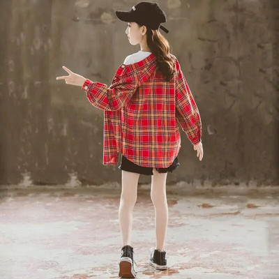 Karirane košulje za djecu Djevojčice Bluze dugih rukava Djeca Proljeće Jesen Pamučne majice punih rukava Spušteni ovratnik za tinejdžere