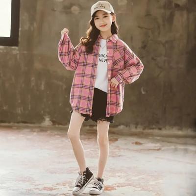 Karirane košulje za djecu Djevojčice Bluze dugih rukava Djeca Proljeće Jesen Pamučne majice punih rukava Spušteni ovratnik za tinejdžere