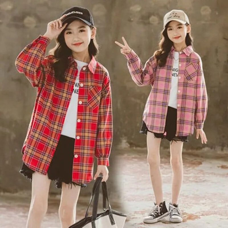 Karirane košulje za djecu Djevojčice Bluze dugih rukava Djeca Proljeće Jesen Pamučne majice punih rukava Spušteni ovratnik za tinejdžere