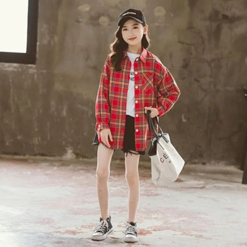 Karirane košulje za djecu Djevojčice Bluze dugih rukava Djeca Proljeće Jesen Pamučne majice punih rukava Spušteni ovratnik za tinejdžere