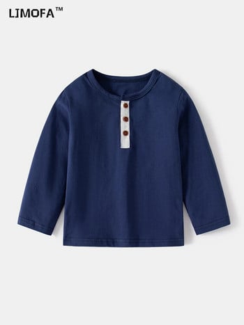 LJMOFA Пролет Есен Бебешки Детски Детски дрехи Едноцветна мека памучна тениска с дълъг ръкав за момче момиче Пуловер Свободно горнище D189