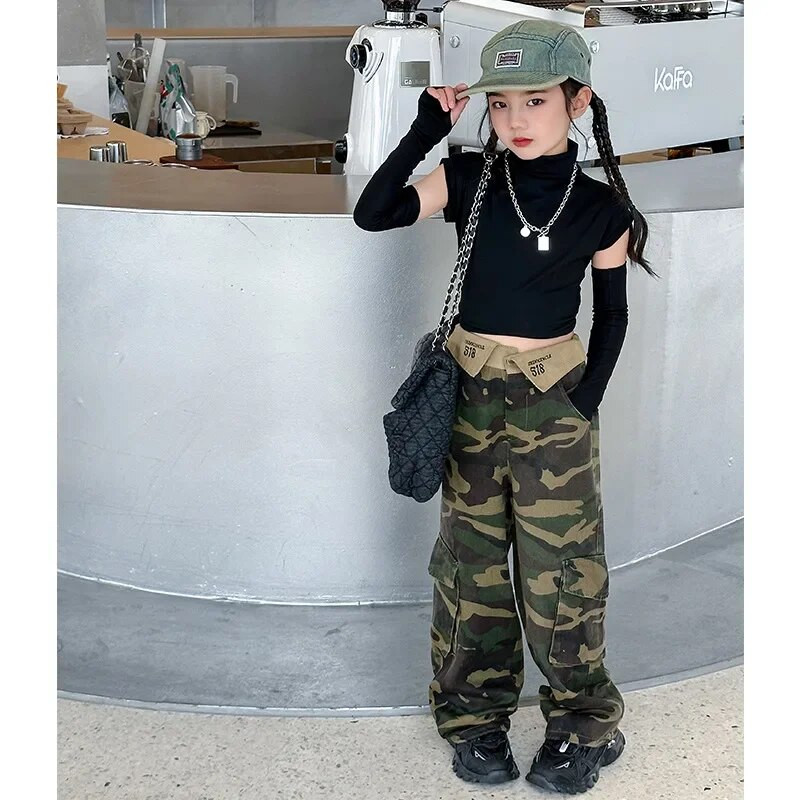 paauglių mergaičių džiazo šokių marškinėliai kostiumai ilgomis rankovėmis podiumas vaikiški drabužiai hiphopo gatvės apranga juodi marškinėliai crop top 6–16 m.