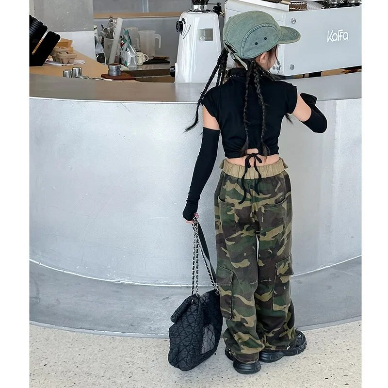 paauglių mergaičių džiazo šokių marškinėliai kostiumai ilgomis rankovėmis podiumas vaikiški drabužiai hiphopo gatvės apranga juodi marškinėliai crop top 6–16 m.