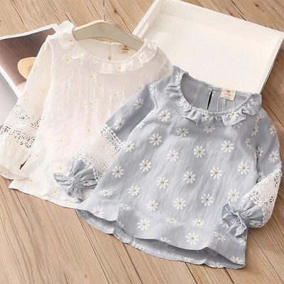 2023 Пролет Есен Мода Детско облекло Памучно бебе Детско момиче Блуза с дълъг ръкав Изрязана риза с цветя