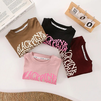 Ανοιξιάτικο/Φθινόπωρο ροζ μαύρο βαμβακερό γράμμα εφήβων κοριτσιών Κοντό μπλουζάκι Κορεάτικο 4-15 ετών Παιδικά μακρυμάνικα μπλουζάκια Παιδικό υπόστρωμα