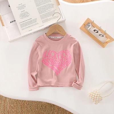 Pavasario/rudens rožinė juoda medvilninė raidė paauglių mergaičių trumpi korėjiečių marškinėliai 4–15 metų vaikams ilgomis rankovėmis, apatiniai vaikams