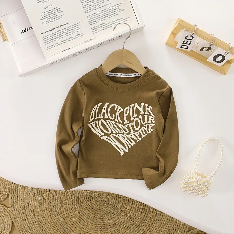 Pavasario/rudens rožinė juoda medvilninė raidė paauglių mergaičių trumpi korėjiečių marškinėliai 4–15 metų vaikams ilgomis rankovėmis, apatiniai vaikams