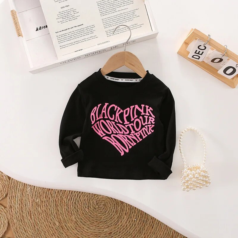 Pavasario/rudens rožinė juoda medvilninė raidė paauglių mergaičių trumpi korėjiečių marškinėliai 4–15 metų vaikams ilgomis rankovėmis, apatiniai vaikams