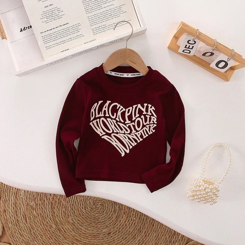 Pavasario/rudens rožinė juoda medvilninė raidė paauglių mergaičių trumpi korėjiečių marškinėliai 4–15 metų vaikams ilgomis rankovėmis, apatiniai vaikams