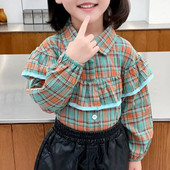 Tavaszi őszi új kockás Harajuku Kawaii Girls Blusa Fashion blúz All Match Chic Gyerek ing Flounce hosszú ujjú gyerek felsők