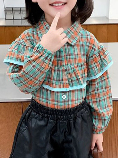 Tavaszi őszi új kockás Harajuku Kawaii Girls Blusa Fashion blúz All Match Chic Gyerek ing Flounce hosszú ujjú gyerek felsők