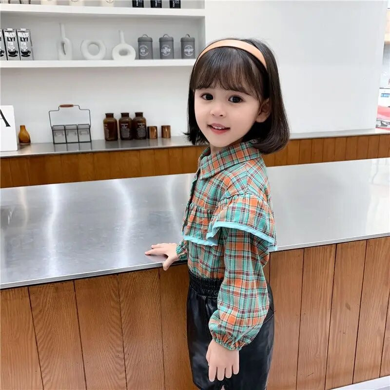 Tavaszi őszi új kockás Harajuku Kawaii Girls Blusa Fashion blúz All Match Chic Gyerek ing Flounce hosszú ujjú gyerek felsők