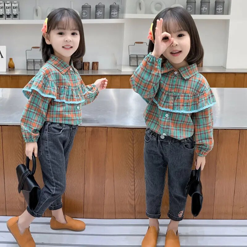 Tavaszi őszi új kockás Harajuku Kawaii Girls Blusa Fashion blúz All Match Chic Gyerek ing Flounce hosszú ujjú gyerek felsők