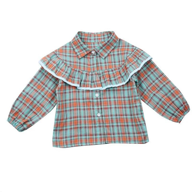Tavaszi őszi új kockás Harajuku Kawaii Girls Blusa Fashion blúz All Match Chic Gyerek ing Flounce hosszú ujjú gyerek felsők