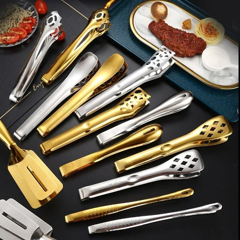 Auksinės nerūdijančio plieno virtuvės kepsninės žnyplės Įvairių stilių duonos salotų spaustukas kepsnys kepimas gruzdinimas mentelė serviravimo spaustukas Kepimo reikmenys