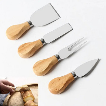 4 τμχ Σετ μαχαιριών με ξύλινη λαβή Μπαμπού Τυροκόφτης Κουζίνας Τυριού από ανοξείδωτο ατσάλι Μαχαίρι κουζίνας Αξεσουάρ μαγειρικής