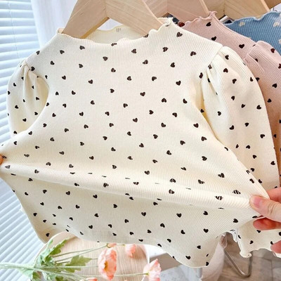 3-7 Years Kids T-Shirt Autumn Spring Half-turtleneck Puff Sleeves Heart Pattern Long Sleeved Tops Girls Cotton Clothes
