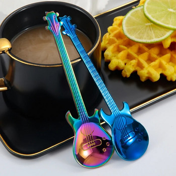 Лъжица за кафе Десертна лъжица от неръждаема стомана Прибори за хранене Златно полиране Дръжка за китара Смесване Креативна чаена лъжичка Прибори за хранене