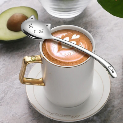 1 buc. lingura de ceai amuzanta pentru cafea pisica coada lunga lingura de cafea lingura cu maner lung cadou de aniversare vesela din otel inoxidabil 304