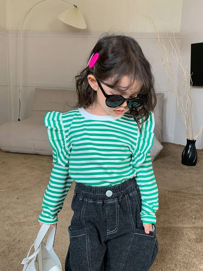 2-8T Infant Ruffles Girls T Shirt Toddler Kid Baby Girls Clothes Autumn Striped Top Long Sleeve Fashion Childrens Tshirt Outfit