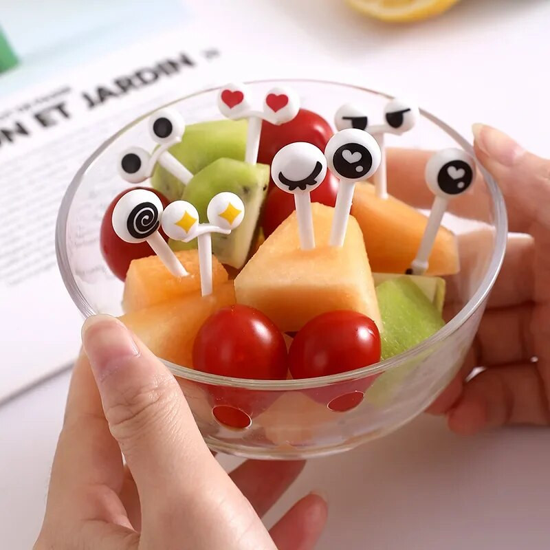 10db Lovely Eye Mint újrahasználható gyümölcsvillák műanyag hordozható biztonsági, nem mérgező gyümölcsvilla gyerekeknek snack torta desszert fogpiszkáló