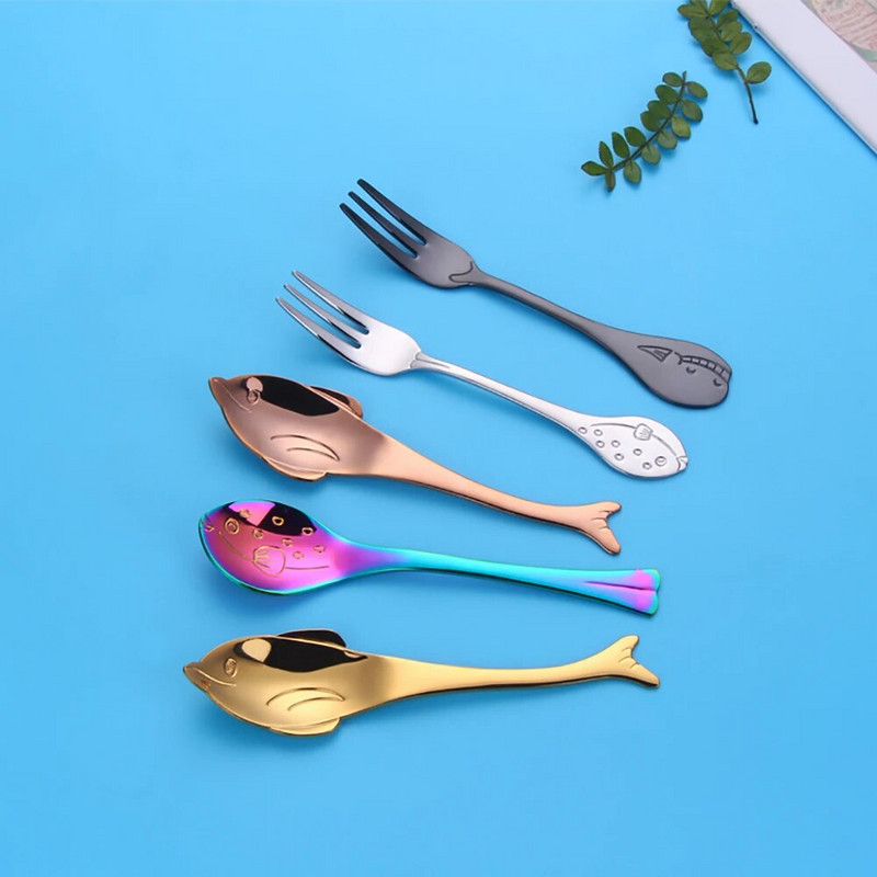 Furculiță cu fructe în formă de delfin din oțel inoxidabil, prăjitură pentru înghețată, desert, cafea, ceai, furculițe colorate pentru copii, oglindă pentru petrecere, veselă de aur