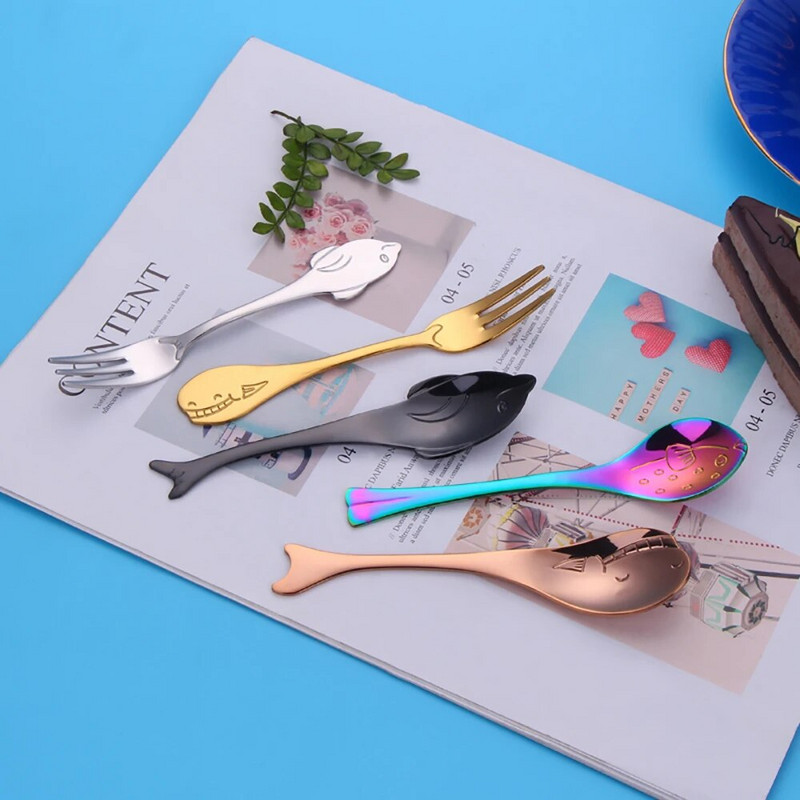 Furculiță cu fructe în formă de delfin din oțel inoxidabil, prăjitură pentru înghețată, desert, cafea, ceai, furculițe colorate pentru copii, oglindă pentru petrecere, veselă de aur