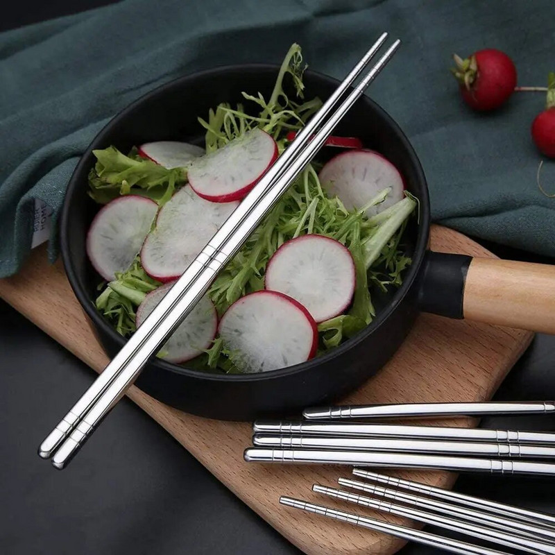Újrafelhasználható, csúszásmentes sushi pálcika készlet 304 rozsdamentes acél mosogatógépben mosható japán élelmiszer kínai koreai fém pálcika