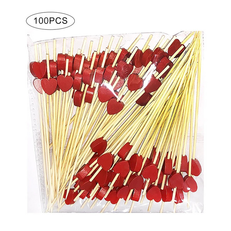 100x Love Heart Bamboo Pick Svédasztalos étel Cupcake Gyümölcs koktél Villa Desszert Saláta Rúd Piknik Esküvői Parti Házi kellékek