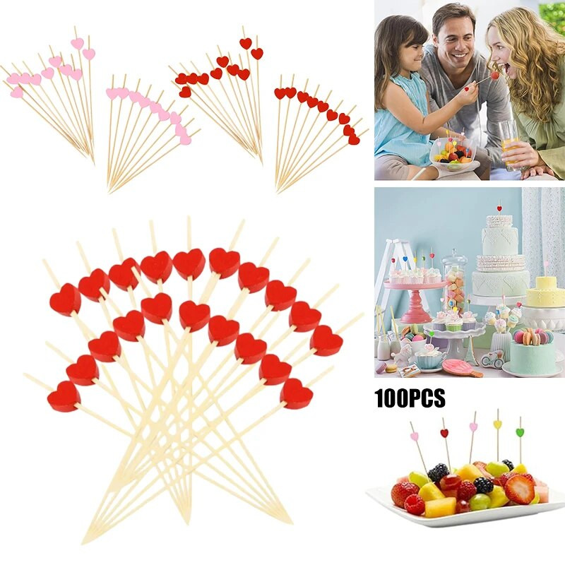 100x Love Heart Bamboo Pick Svédasztalos étel Cupcake Gyümölcs koktél Villa Desszert Saláta Rúd Piknik Esküvői Parti Házi kellékek